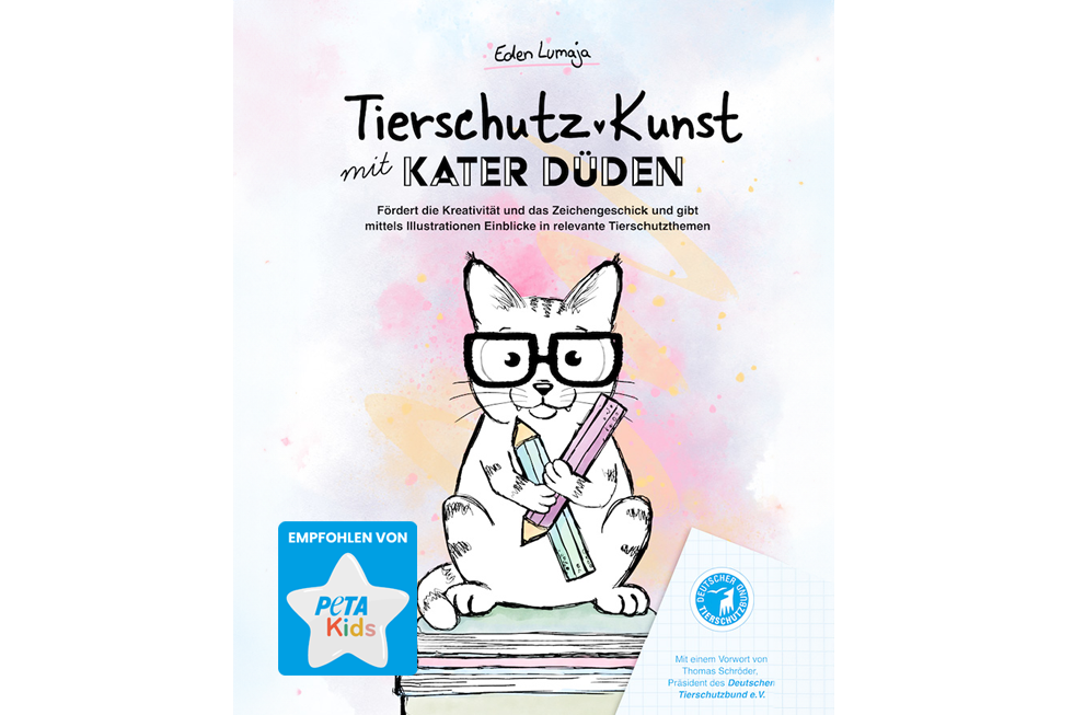 Eine gezeichnete Katze sitzt auf einem Stapel Bücher, hat Stifte in den Pften und trägt eine Brille.